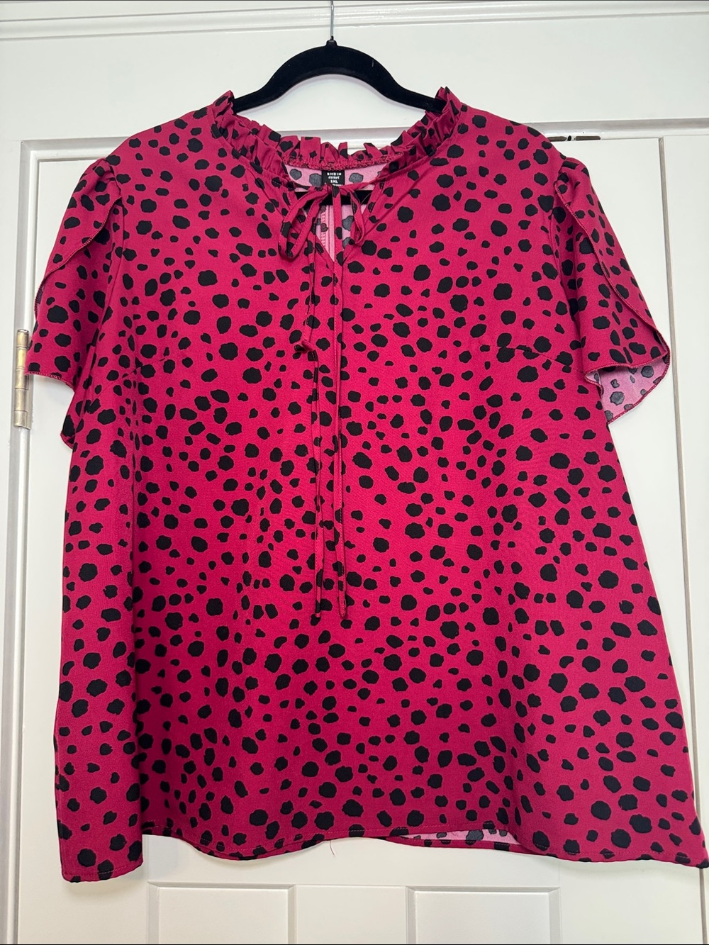 SHEIN Fuchsia Blouse with Black Spot Print and Ruffle Tie Neck